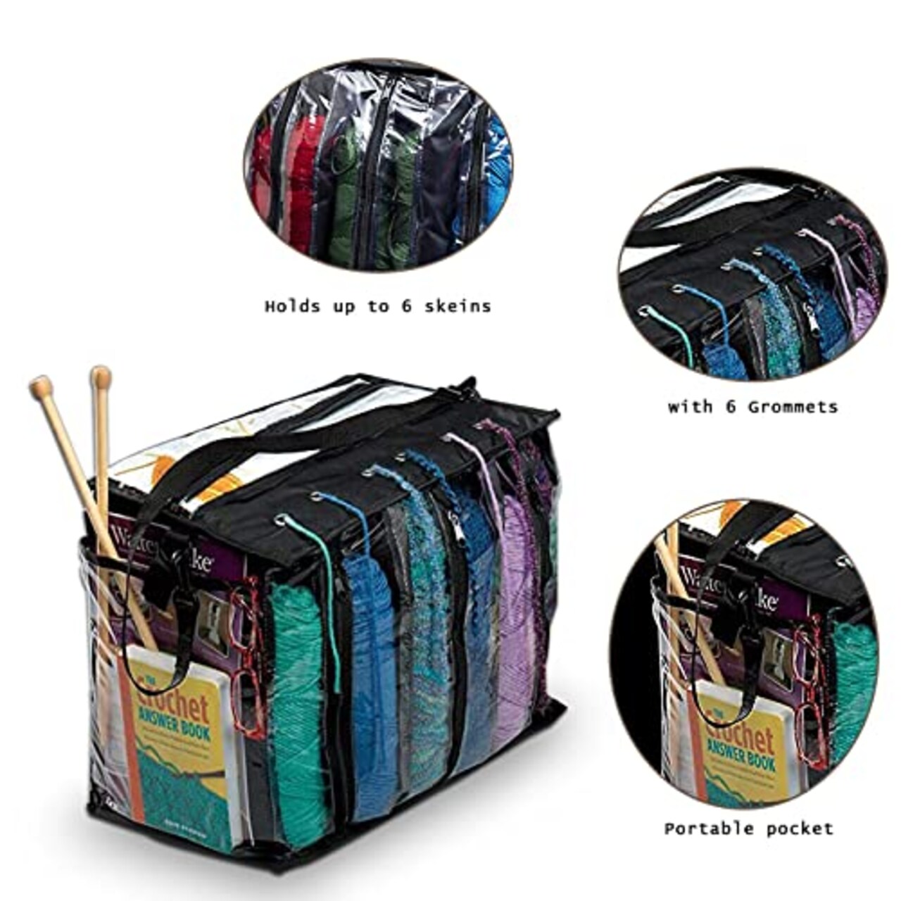 Knitting Organizer Portable Knitting Yarn Storage Bag With Multiple Pockets, Individual Compartments, Carrying Shoulder Strap - Clear Plastic Tote Bag For Needles, Crochets & Threads